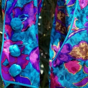 Lurid Blooms Floral Prints Blue Silk Pleated Bodycon Asian Inspired Dress Size 8